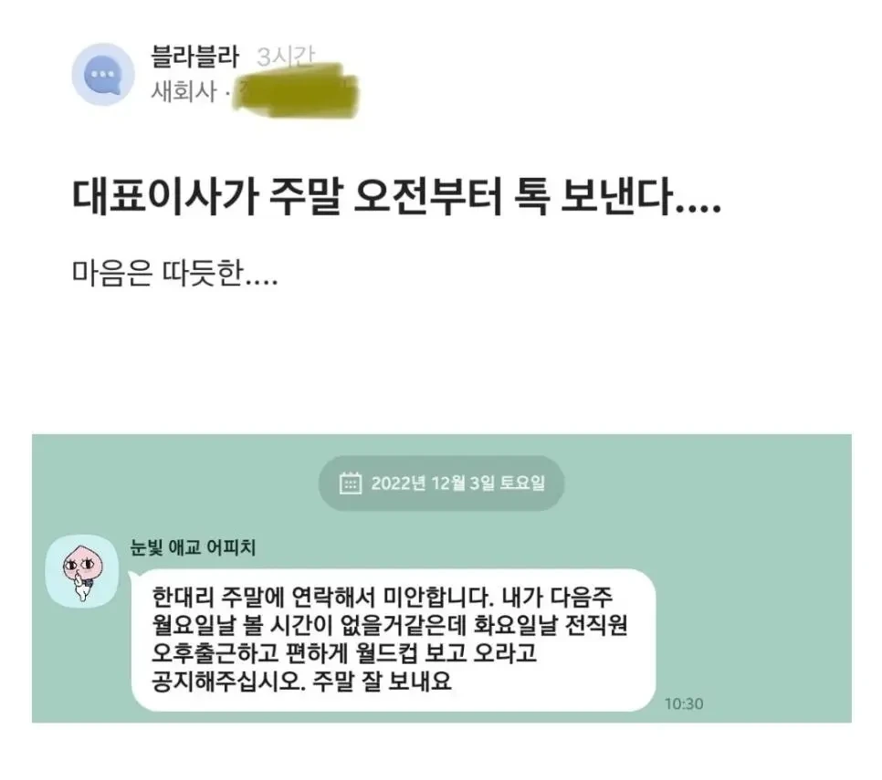 대표가 주말 오전에 연락하는 회사.jpg | 인스티즈