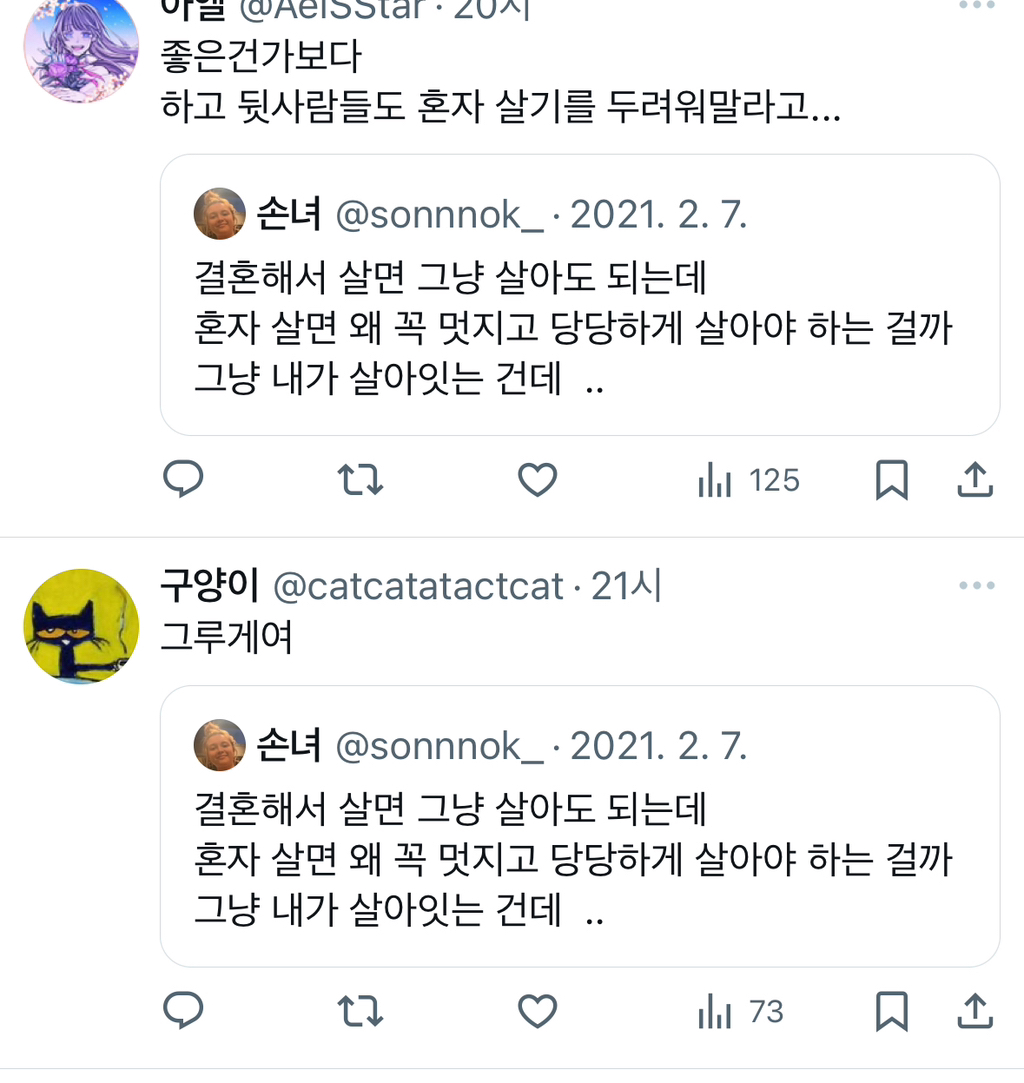 결혼해서 살면 그냥 살아도 되는데 혼자 살면 왜 꼭 멋지고 당당하게 살아야 하는 걸까 그냥 내가 살아잇는 건데 ..twt | 인스티즈