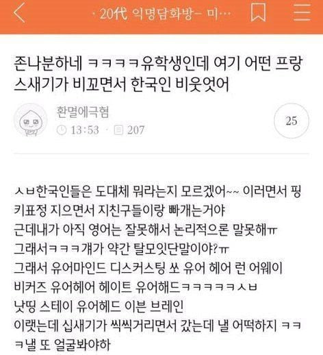 유학생인데 여기 어떤 프랑스새기가 비꼬면서 한국인 비웃었어 | 인스티즈