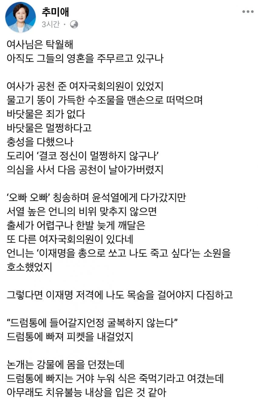 민주당 추미애 의원 페이스북 | 인스티즈