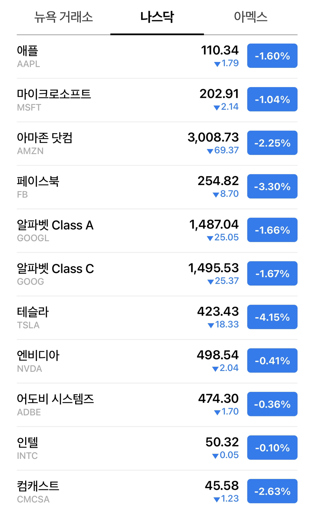 미국 주식 나스닥 시가총액 순위 TOP10(어디까지 떨어지나?) - 막이슈 - 쭉빵카페