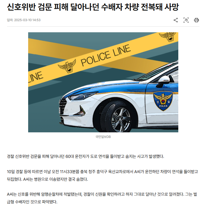 신호위반 검문 피해 달아나던 수배자 차량 전복돼 사망 | 인스티즈