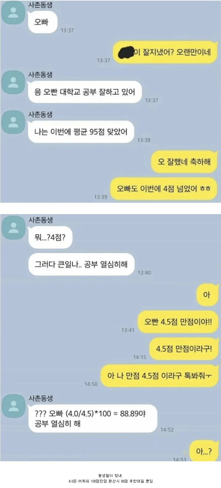 사촌동생한테 학점 무시당한 사촌오빠 | 인스티즈