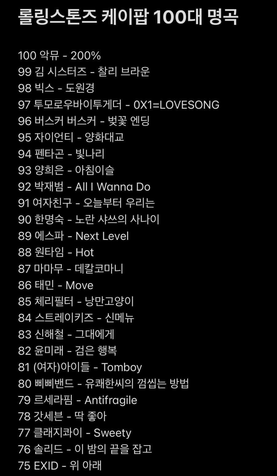 미국 음악잡지 롤링스톤 선정 KPOP 100대 명곡 | 인스티즈