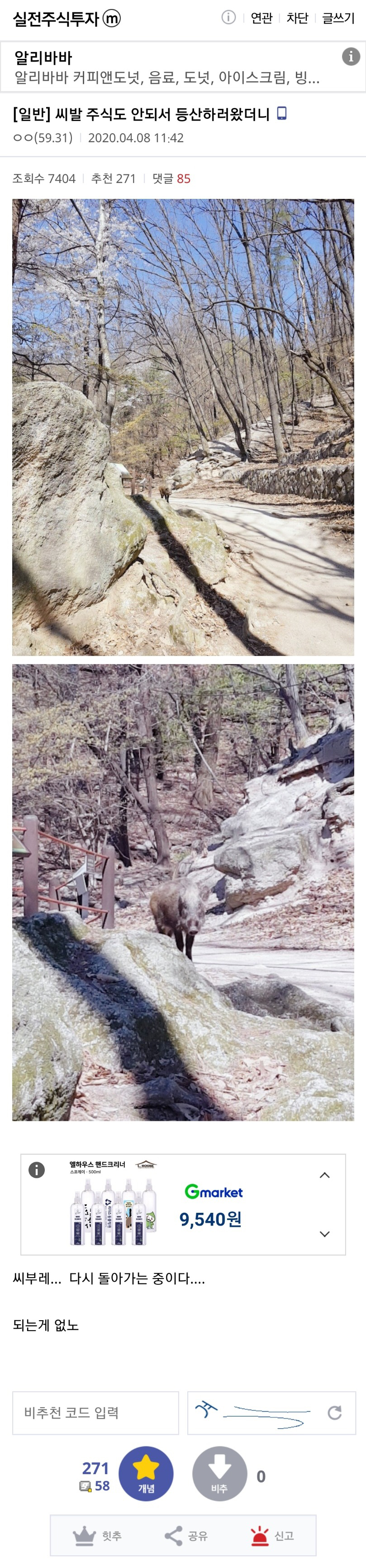 주식 개망해서 머리 식히러 산 올라간 주갤러.jpg - 악플달면 쩌리쩌려버려 - ＊여성시대＊ 차분한 20대들의 알흠다운 공간