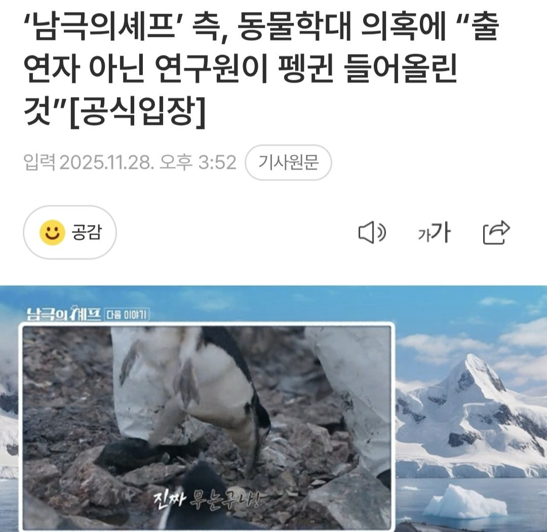 '남극의셰프' 측, 동물학대 의혹에 "출연자 아닌 연구원이 펭귄 들어올린 것”[공식입장] | 인스티즈