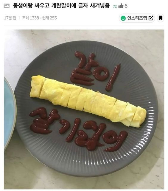 동생이랑 싸우고 계란말이에 글자 새겨놓음 | 인스티즈