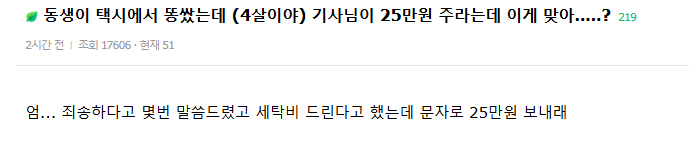 동생이 택시에서 똥쌌는데 기사님이 25만원 변상해달라함 | 인스티즈