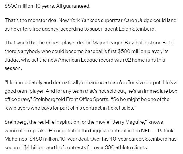 제리 맥과이어 실제모델인 슈퍼 에이전트 스타인버그, "저지, 10년 500m 가능하다" | 인스티즈