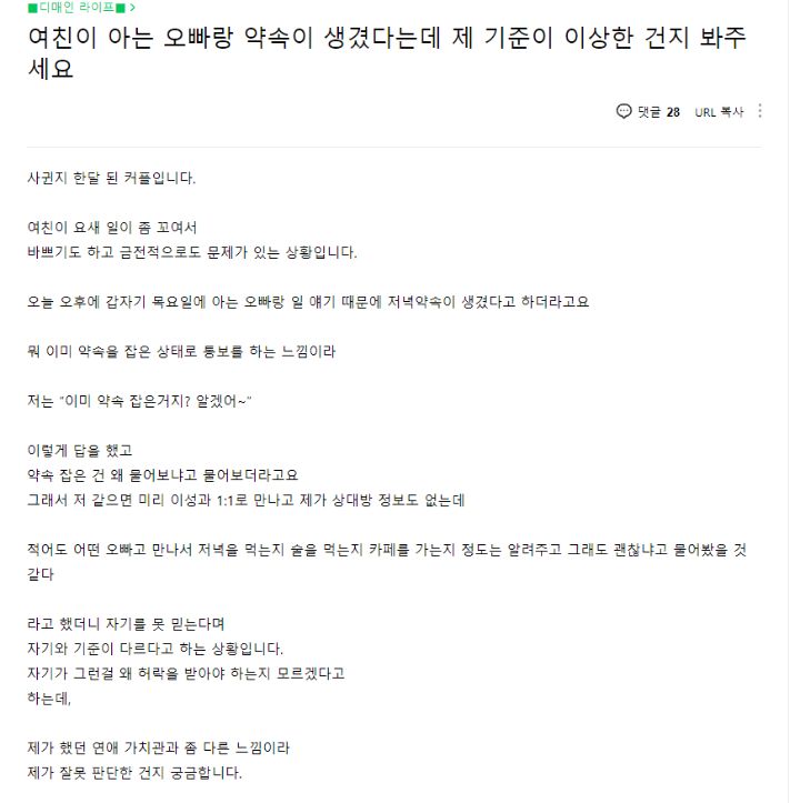 여친이 아는 오빠랑 약속이 생겼다는데 제 기준이 이상한건지 봐주세요 | 인스티즈