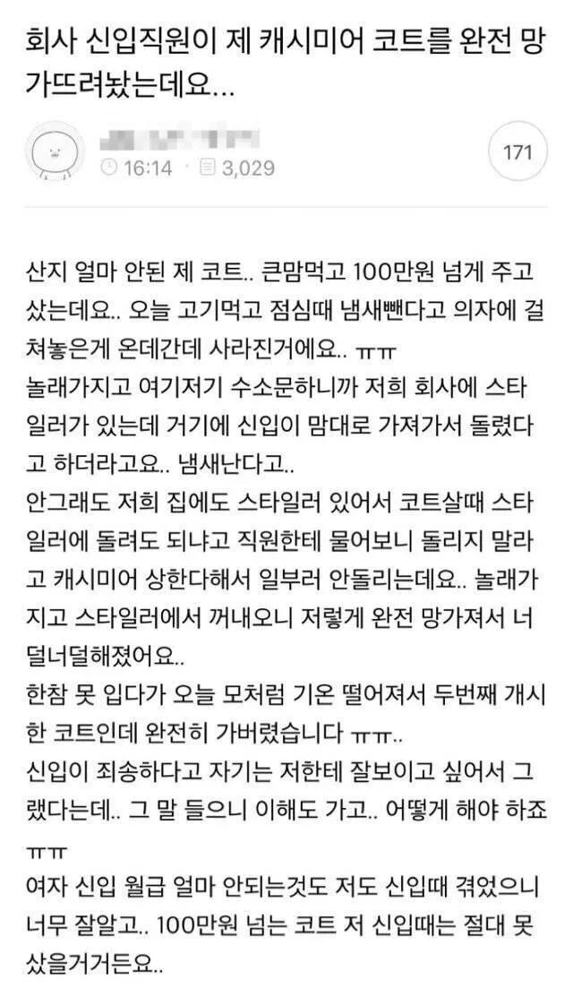 신입이 캐시미어코트 망쳐놓음 | 인스티즈