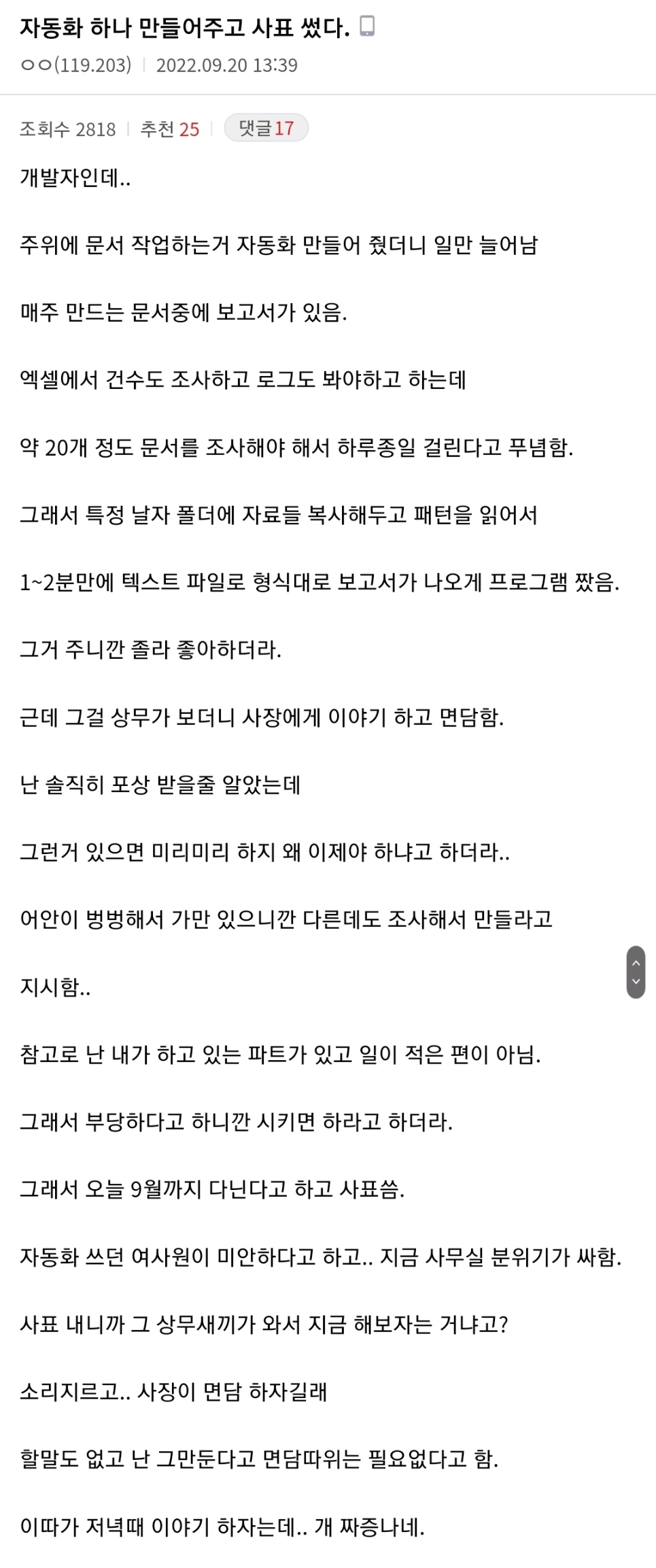 업무 자동화 해줬다가 개털리고 사표쓴 개발자  | 인스티즈