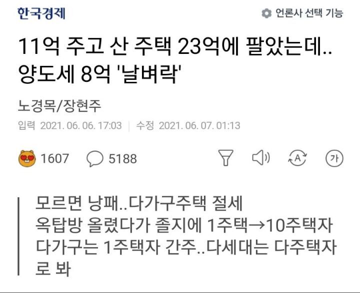 11억 주고 산 주택 23억에 팔았는데..양도세 8억 '날벼락'.news | 인스티즈