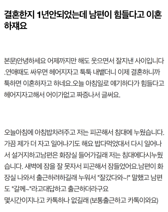 결혼한지 1년안되었는데 남편이 힘들다고 이혼하재요 | 인스티즈