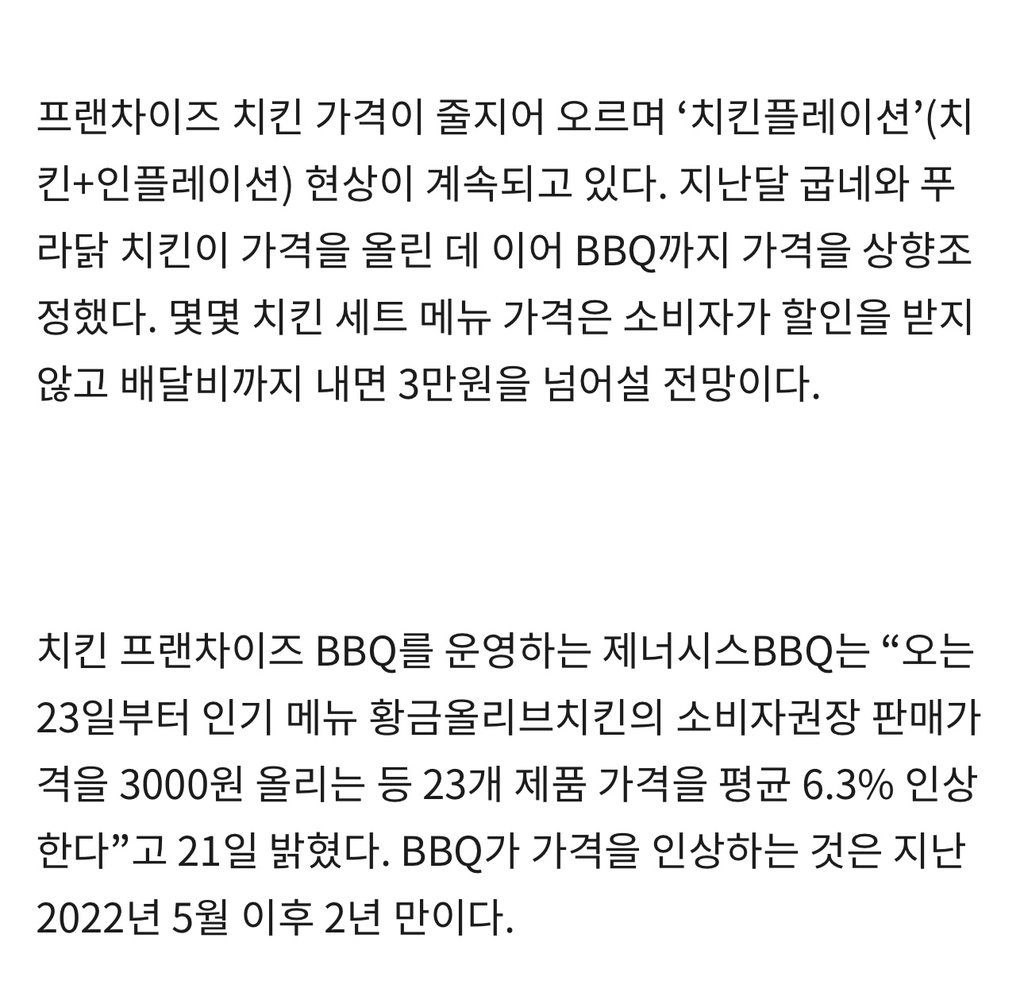 "치킨 3만원 시대 열렸다” BBQ 황금올리브 한 방에 3000원 인상 | 인스티즈
