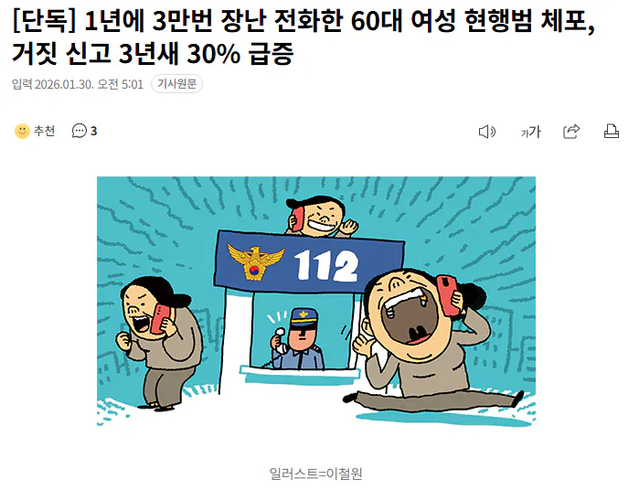 1년에 3만번 장난 전화한 60대 여성 현행범 체포, 거짓 신고 3년새 30% 급증 | 인스티즈