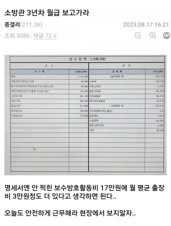 소방관 3년차 월급 보고가라.jpg | 인스티즈