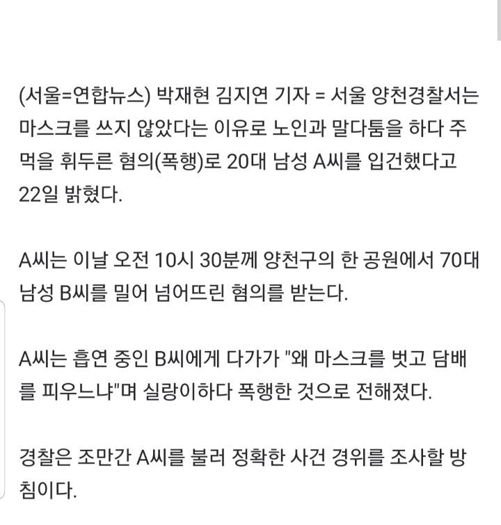 "왜 공원에서 마스크 벗고 담배 피우나"노인 폭행한 20대 입건 | 인스티즈