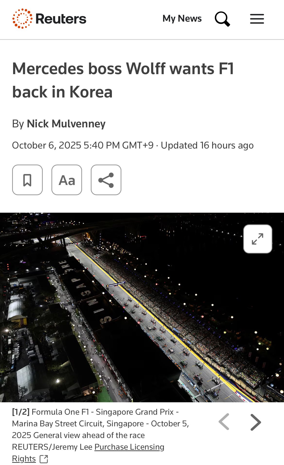 F1 메르세데스 토토 울프 "코리아그랑프리 캘린더 복귀 희망” | 인스티즈