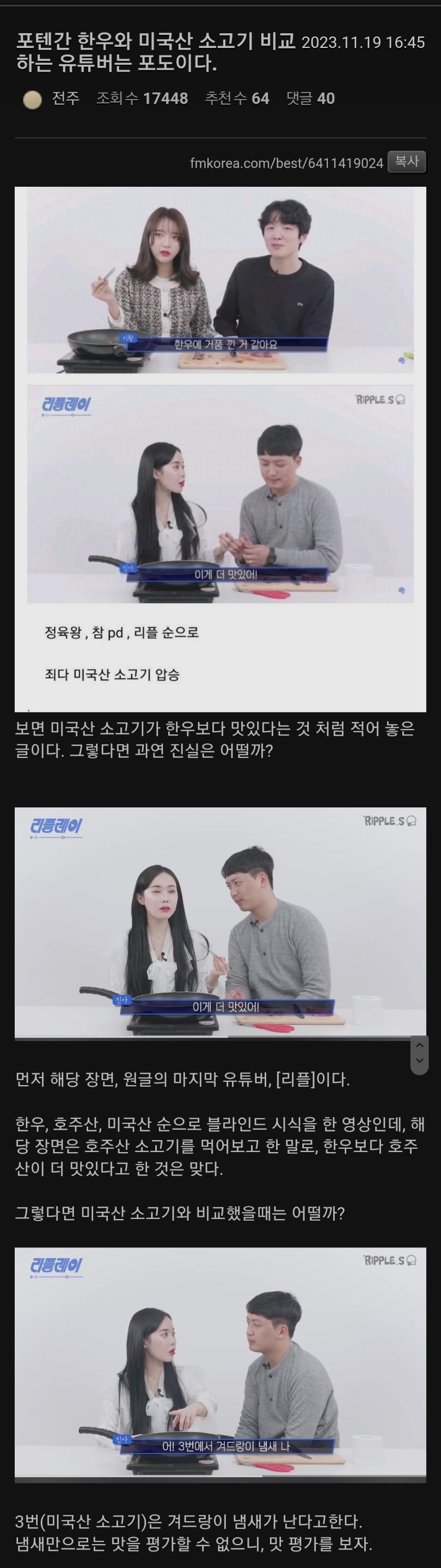 한우와 미국산 소고기 비교하는 유튜버글은 펨코발 주작 - 웃긴자료 ‥‥‥‥‥、 - 도탁스 (DOTAX)