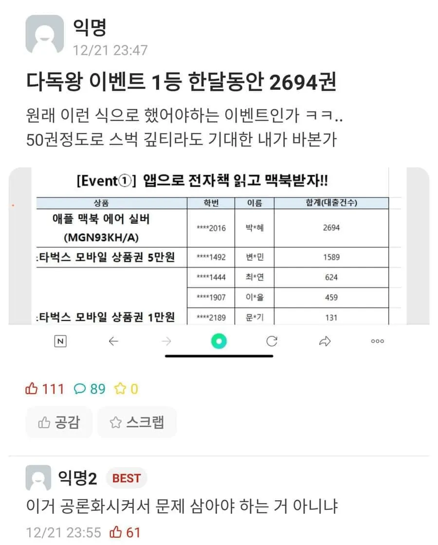 대학교 도서관 다독왕 이벤트 1등 | 인스티즈