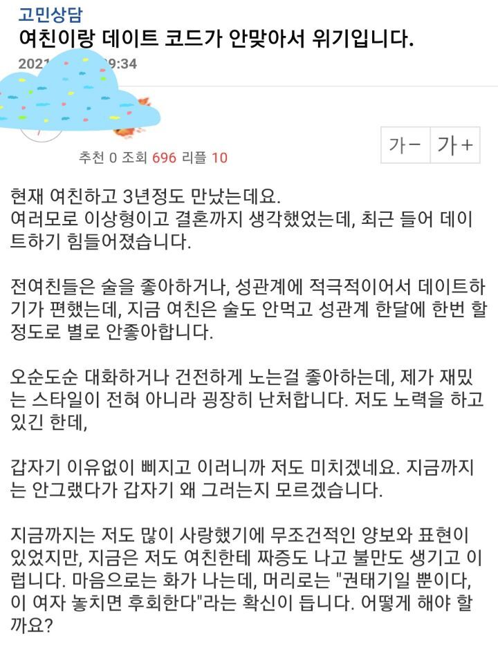 여친이랑 데이트코드가 안맞아서 위기입니다 | 인스티즈
