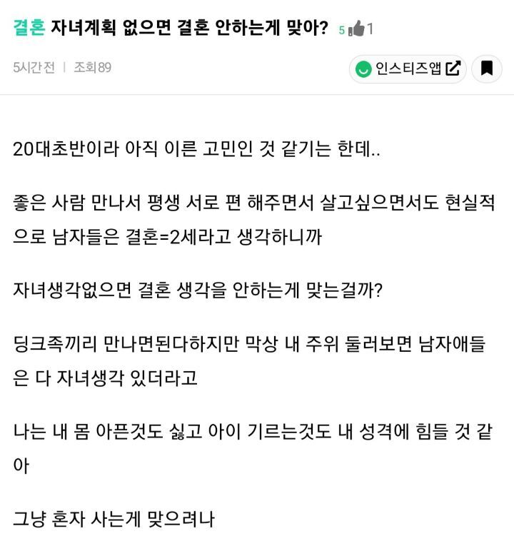 자녀계획 없으면 결혼 안하는게 맞아? | 인스티즈