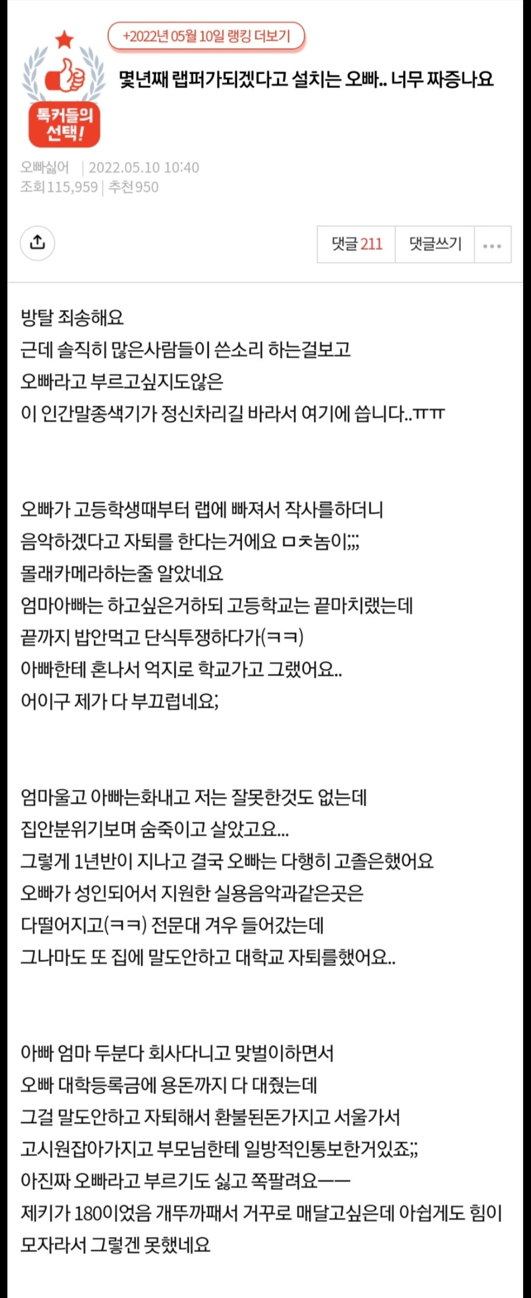 몇년째 랩퍼가 되겠다고 설치는 오빠.pann | 인스티즈