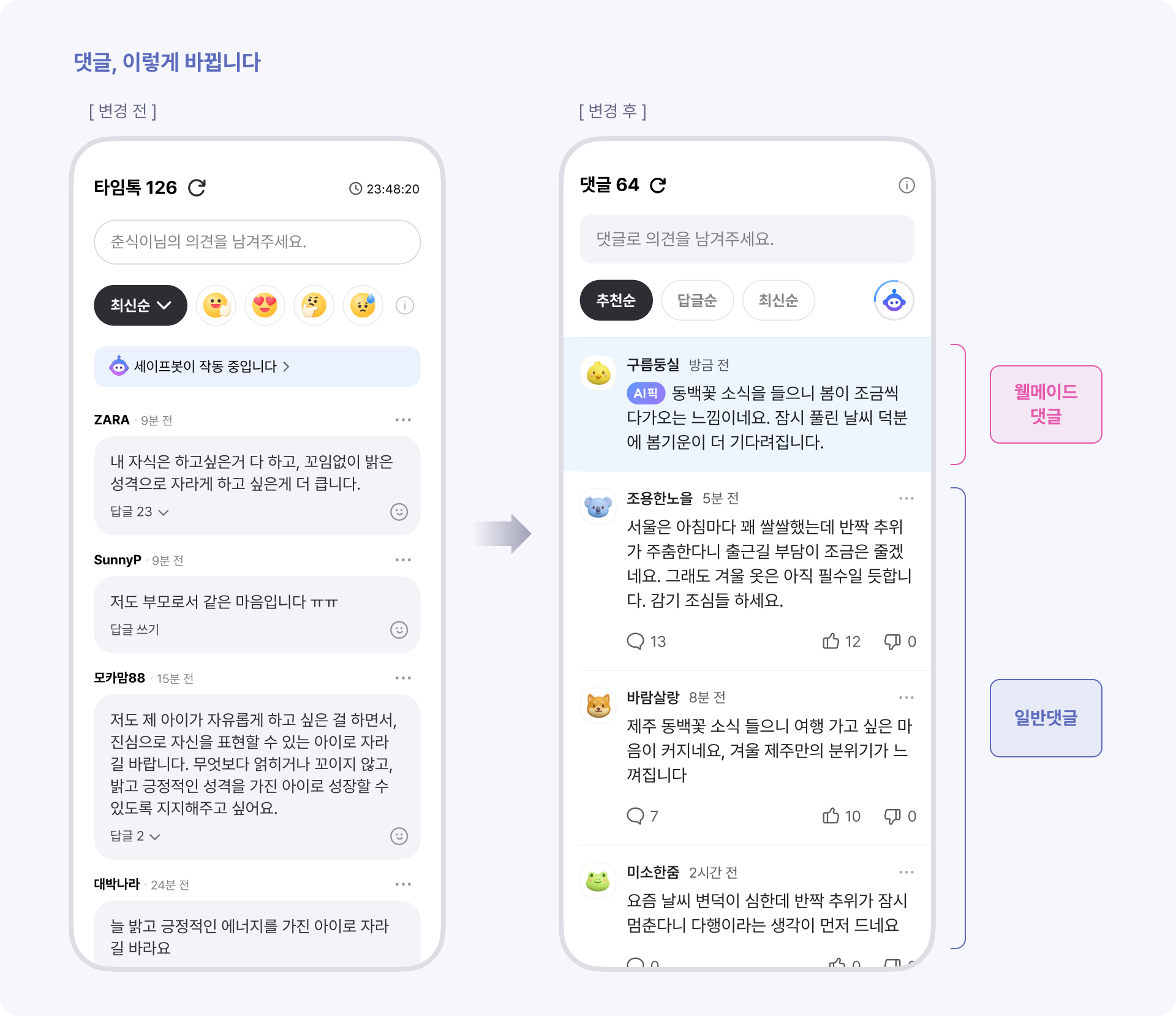 타임톡에서 댓글개편 전 후 이미지