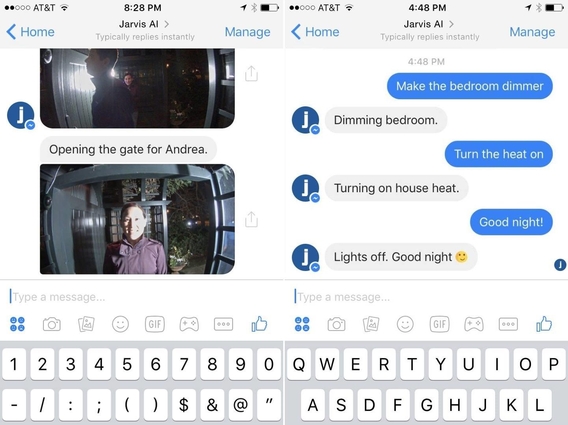 (왼쪽)저커버그의 자비스가 얼굴인식 기능을 이용해 현관문을 여는 모습, 저커버그가 자비스와 메신저로 대화하는 모습. / 저커버그 페이스북