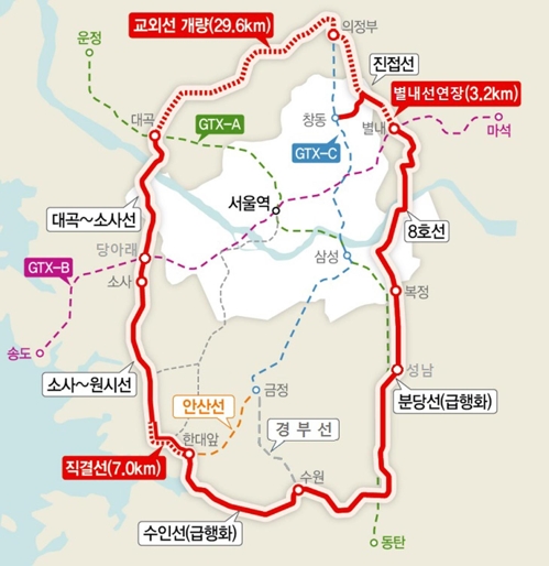 (의정부=연합뉴스) 국토교통부가 다음 달 교외선 등 기존 선로를 활용해 서울 외곽 170여㎞를 철도로 잇는 수도권 순환철도망 사전 타당성 검토 용역에 착수한다. 사진은 국토부가 구상 중인 수도권 순환철도망 노선도. 2017.10.19 [국토교통부 제공=연합뉴스]  wyshik@yna,co.kr