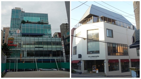 최순실씨 명의의 서울 강남구 신사동 미승빌딩(왼쪽)과 여동생 B씨 소유의 가로수길 에스플러스빌딩. /최문혁 기자
