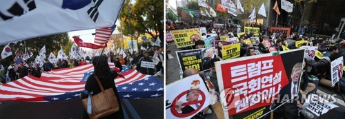 (서울=연합뉴스) 이지은 신준희 기자 = 도널드 트럼프 미국 대통령 방한을 사흘 앞둔 4일 오후 서울 대학로에서 대한애국당 등 단체회원들이 박근혜 전 대통령 석방 촉구 및 트럼프 미국 대통령 환영 집회(왼쪽)를 하고 있다.      반면 같은 시간대 종로구청 인근에서는  노(NO)트럼프 공동행동 소속 회원 등이 방한을 반대하는 'NO트럼프ㆍNO WAR 범국민대회를 열고 있다. 2017.11.4      jieunlee@yna.co.kr
