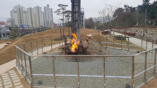 지진에도 끄떡없다 (포항=연합뉴스) 손대성 기자 = 30일 경북 포항시 남구 대잠동 '불의 정원' 천연가스 불길이 타오르고 있다. 2017.11.30