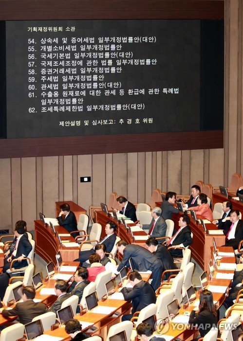 본회의 상정되는 예산부수법안 (서울=연합뉴스) 홍해인 기자 =  1일 오후 국회 본회의에서 예산부수법안인 상속세 및 증여세법 개정안 대안 등 법안이 상정되고 있다.     hihong@yna.co.kr