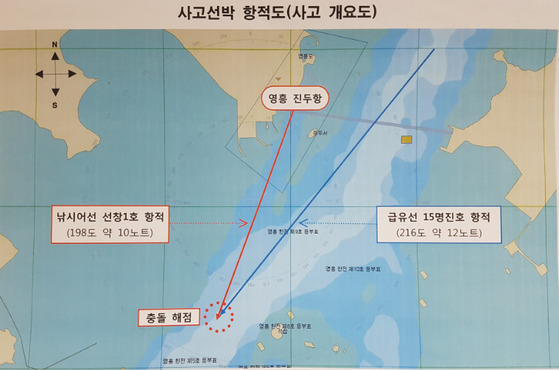 지난 3일 영흥도 영흥대교 남방 1.6km 지점 해역에서 급유선이 낚시배를 추돌, 낚싯배에 타고 있던 승객 13명이 숨지는 사고가 발생했다. 사진은 두 배의 항적도. [사진 인천해경]