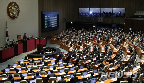 【서울=뉴시스】홍효식 기자 = 6일 오전 서울 여의도 국회 본회의장에서 열린 제354회 국회(정기회) 제17차 본회의에서 '밀실야합'이라고 적힌 자유한국당의 피켓 시위 속 2018년도 예산안에 대한 수정안 표결이 진행되고 있다. 2017.12.06. yesphoto@newsis.com