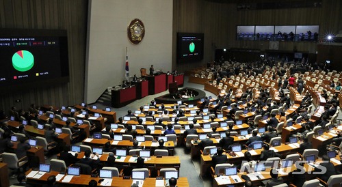 【서울=뉴시스】홍효식 기자 = 6일 오전 서울 여의도 국회 본회의장에서 열린 제354회 국회(정기회) 제17차 본회의에서 2018년도 예산안에 대한 수정안이 재석 178인 중 찬성160인, 반대 15인, 기권 3인으로 가결 처리되고 있다. 2017.12.06. yesphoto@newsis.com