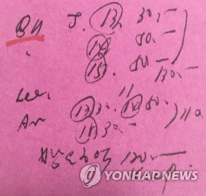최순실이 메모한 '문고리 3인방' 격려금 내역  (서울=연합뉴스) 박근혜 정부 '비선실세' 최순실 씨가 메모한 이재만 전 총무비서관 등 '문고리 3인방' 명절·휴가비 내역. 메모에는 BH라는 문구 옆에 J(정호성), Lee(이재만), An(안봉근)을 뜻하는 이니셜과 함께 지급 액수 내역이 적혀있다. 2018.1.4 [서울중앙지검 제공=연합뉴스]   photo@yna.co.kr  (끝)