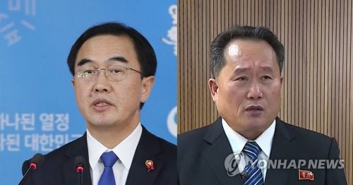 지난 2일 오후 정부서울청사에서 고위급 남북당국 간 회담 제의하는 조명균 통일부 장관(왼쪽)과 3일 판문점 연락 채널을 다시 개통하겠다는 북한 측 입장을 발표하는 리선권 조국평화통일위원회 위원장 [연합뉴스DB]