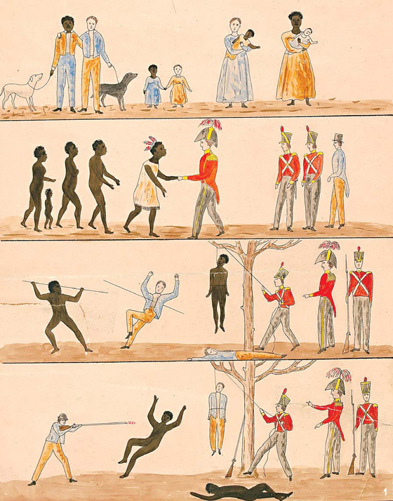‘데이비 총독의 대 원주민 포고령, 1816년’(1828~1830년). 대항해시대에 오스트레일리아에 처음 도착한 백인들이 원주민들과 그림으로 의사소통을 하는 상황을 묘사한 작품. 문명의 발달이 덜한 문화권에선 형이상학적인 걸 뜻하는 추상적인 단어가 적다.[중앙포토]