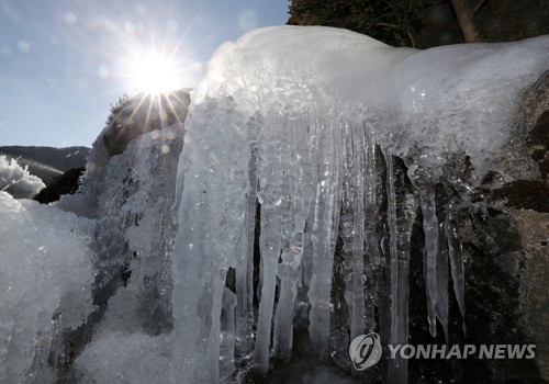 한파에 고드름 꽁꽁 (강릉=연합뉴스) 양지웅 기자 = 10일 오전 강원 강릉시 대관령박물관 내 폭포에 고드름이 달려 있다. 2018.1.10      yangdoo@yna.co.kr