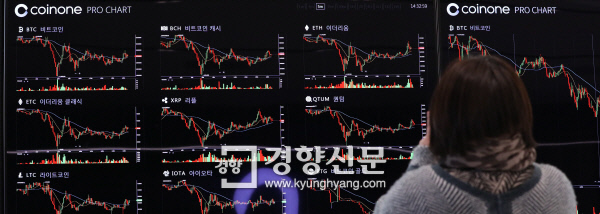 정부가 가상화폐 거래소 폐쇄까지 검토하고 있는 가운데 12일 서울 여의도에 위치한 가상화폐 거래소인 코인원블록스에 설치된 가상화폐 시세판을 한 시민이 보고 있다. 김창길 기자 cut@kyunghyang.com