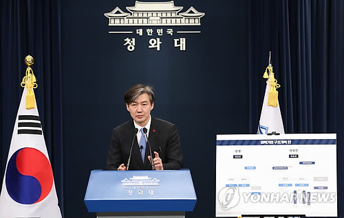 조국, '권력기관 개혁 방안' 브리핑 (서울=연합뉴스) 김주형 기자 = 조국 청와대 민정수석이 14일 오후 춘추관 대브리핑실에서 현 정부의 국정원, 검찰, 경찰 등 권력기관 개혁 방안을 발표 하고 있다.       kjhpress@yna.co.kr