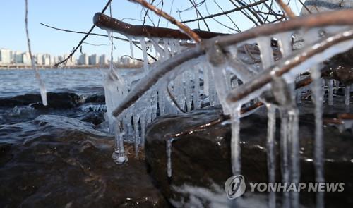 다시 얼어버린 서울 (서울=연합뉴스) 신준희 기자 = 서울지역에 한파경보가 내려진 23일 여의도 한강공원에 얼음이 얼어있다. 2018.1.23  hama@yna.co.kr  (끝)