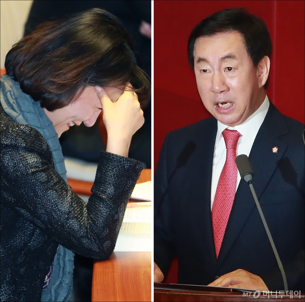 [사진]김성태 연설에 웃음 참는 이재정