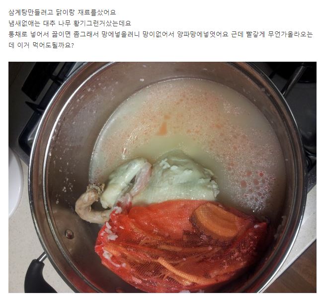 한 누리꾼이 양파망에 재료를 넣어 삼계탕을 끓였다면서, 육수가 붉게 물들었다고 글을 썼다. /사진=네이버 지식인 캡처