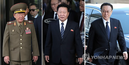 지난 2014년 인천 아시안게임 폐막식 때 방남한 '3인방' (왼쪽부터 황병서, 최룡해, 김양건) [연합뉴스 자료사진]