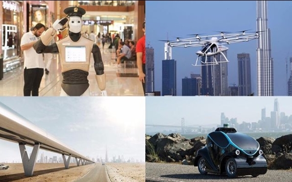 왼쪽 위부터 시계 방향으로 로보캅, 드론택시, 로봇순찰차, 하이퍼루프다. 두바이 미디어 오피스 제공