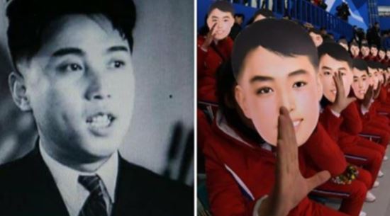 논란이 되고 있는 북한 응원단의 가면응원과 김일성 주석의 젊은 시절 모습(왼쪽) [사진=하태경 바른정당 의원 트위터]